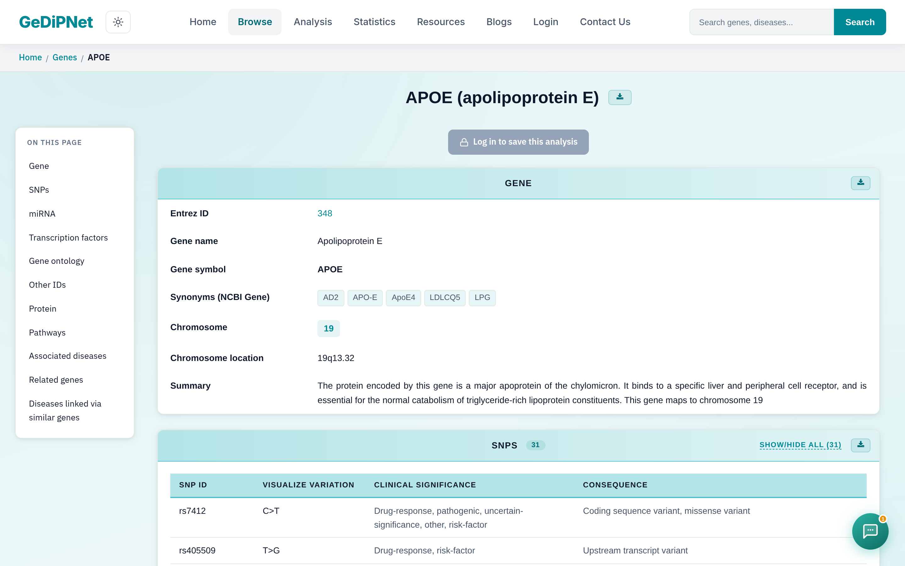 Real GeDiPNet gene detail page for APOE