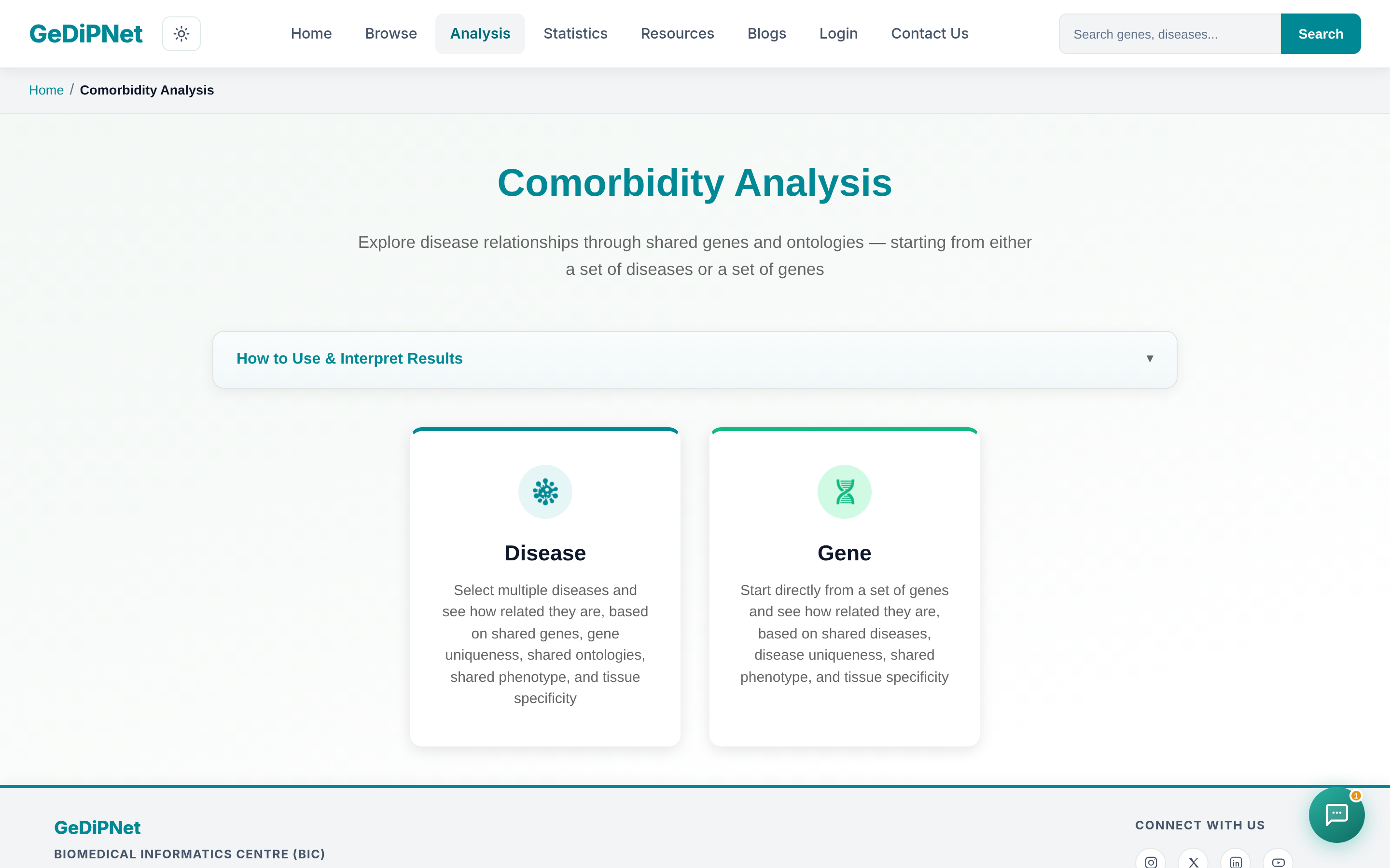 GeDiPNet Comorbidity Analysis hub input page