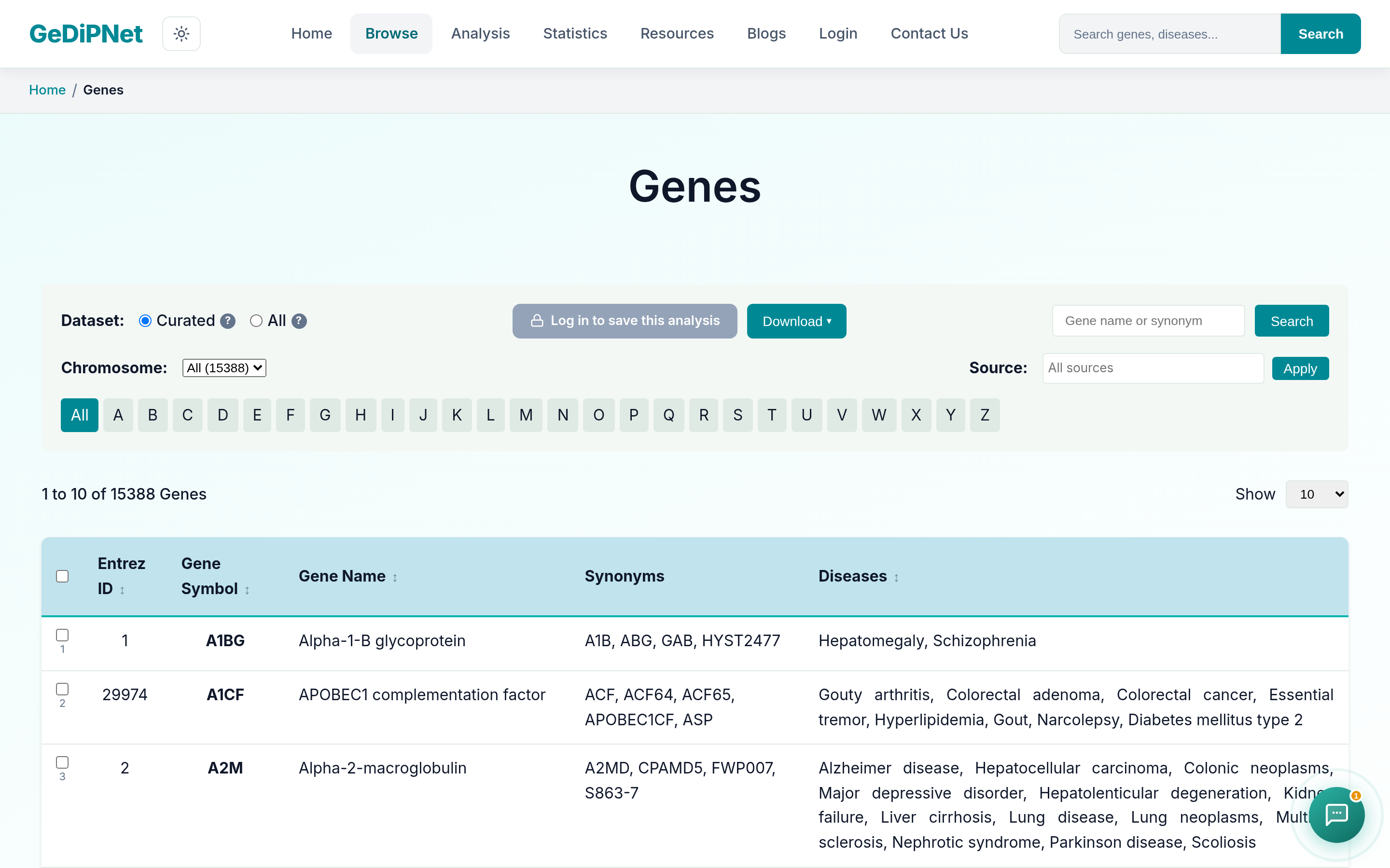Real GeDiPNet Gene browse page with filters and sortable columns