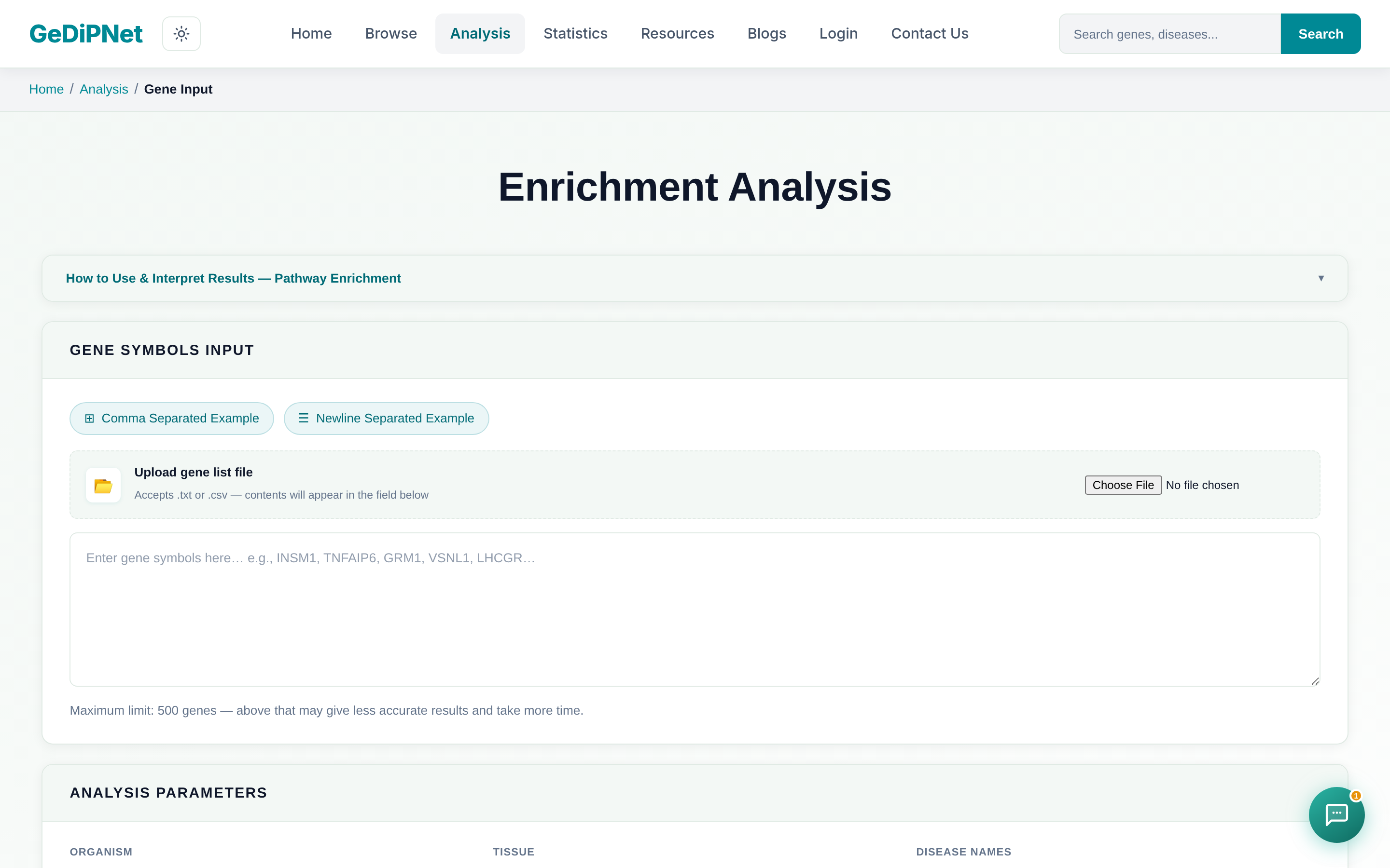 GeDiPNet Enrichment Analysis gene input page