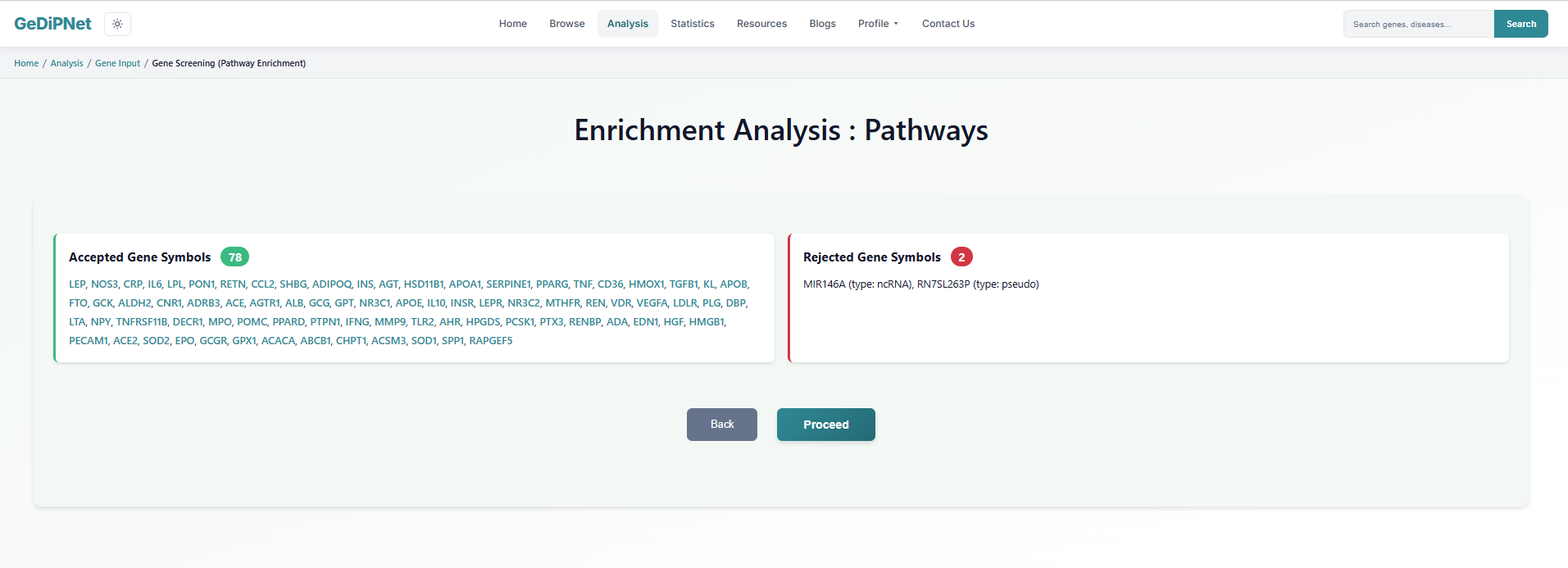 GeDiPNet Enrichment Analysis gene screening page showing accepted and rejected gene symbols