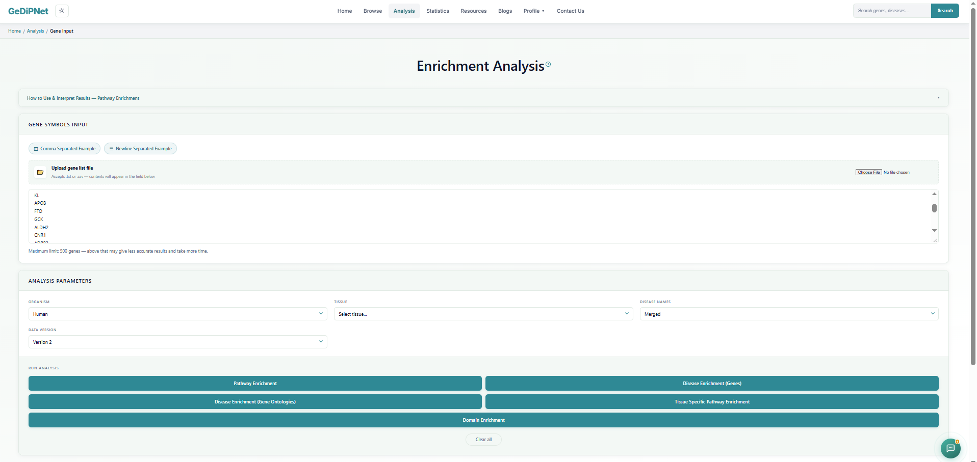 GeDiPNet Enrichment Analysis gene input page