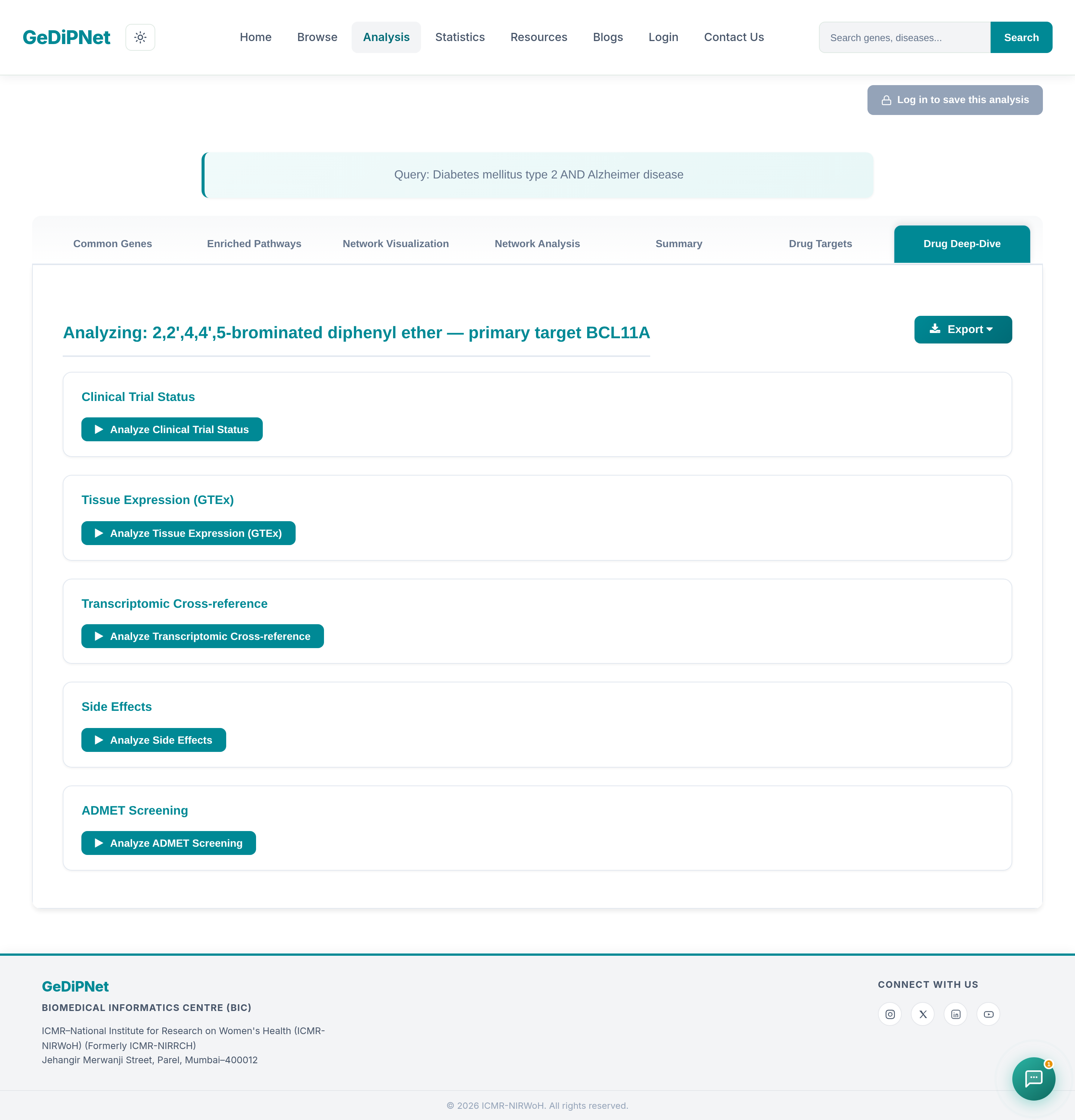 GeDiPNet Polypharmacological Target Prediction Drug Deep-Dive tab for a specific drug and its primary target